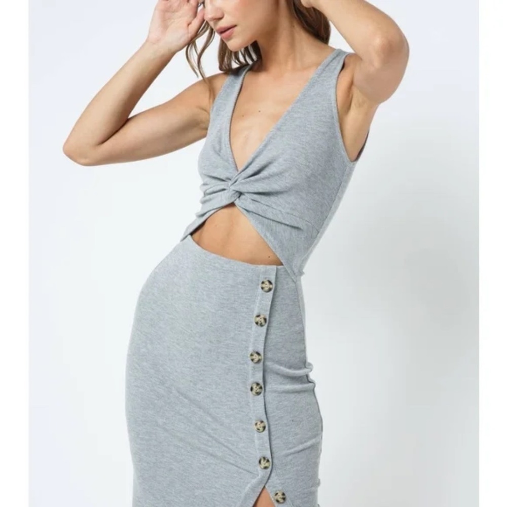 Fore Collection Grey Ribbed Knit Cut Out Dress - Size L - Picture 2 of 3